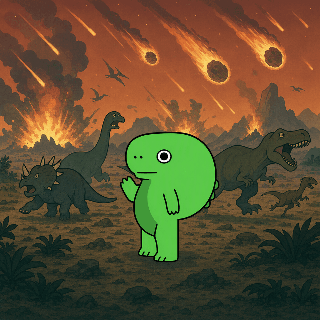 the dino, unbothered by the extinction event